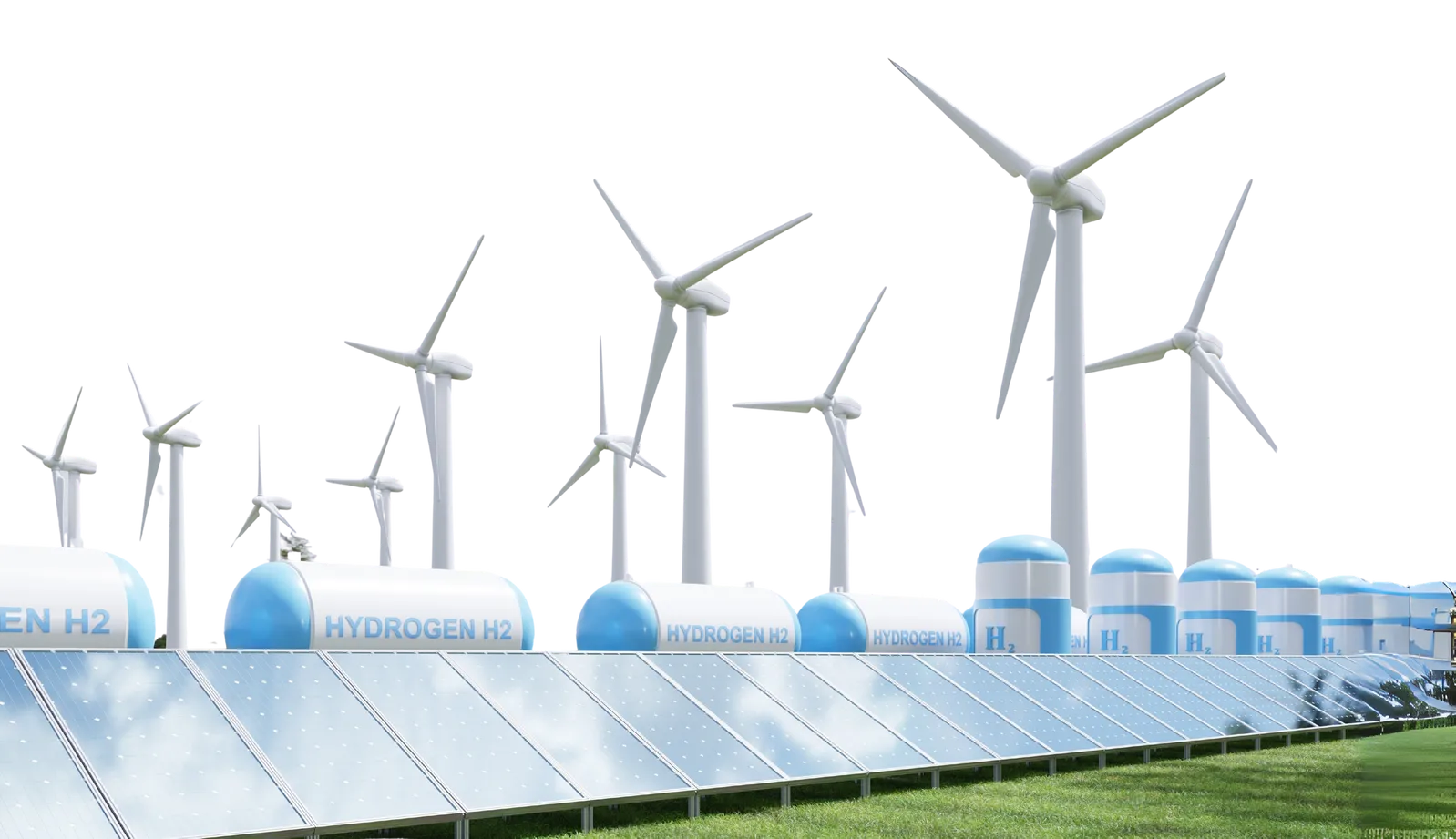 Infraestructura de energía renovable con turbinas eólicas, paneles solares y almacenamiento de hidrógeno